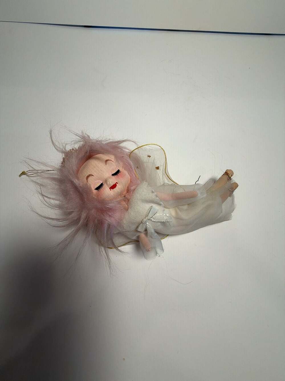 Vintage Mid-Century Japan Pink Hair Pixie Angel Ornament with Tulle Wings